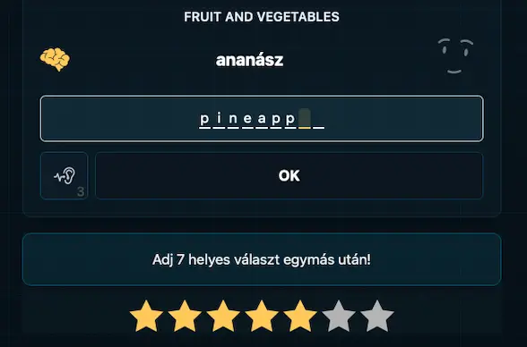7streak vocabulary practice: typing the English word for ananász (pineapple)