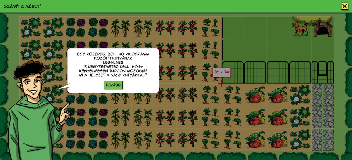 Mini-game in the animal rescue comic: sizing a garden run for a medium-sized dog