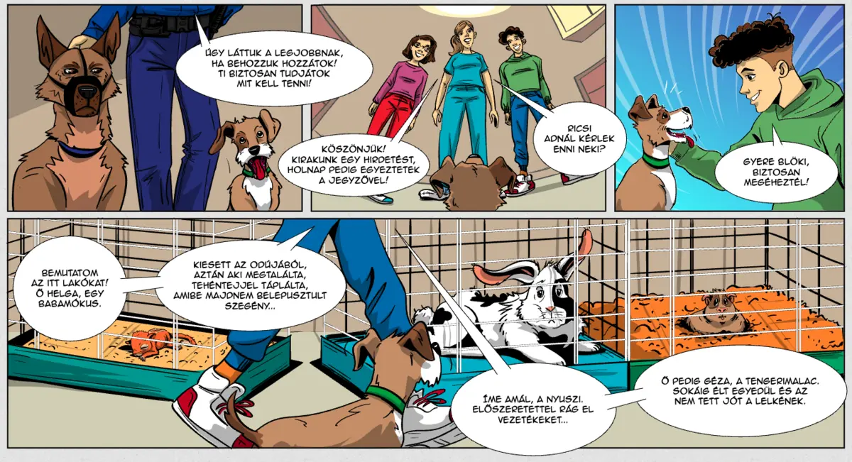 A page from the animal rescue comic: police officers bring a dog to the shelter, where the residents are introduced