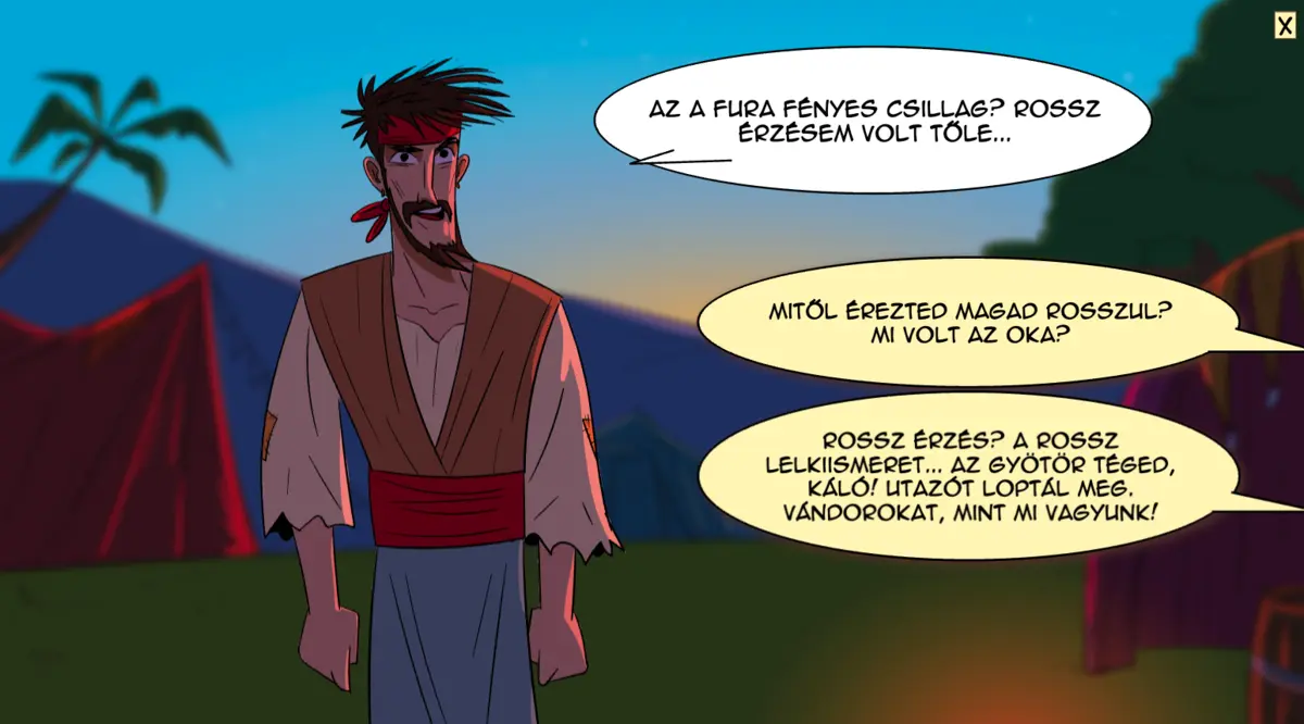 Dialogue scene from A punya: the player picks replies to Káló