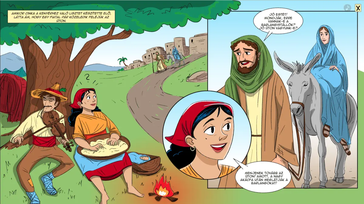 A page from A punya: Cinka gives directions to a young couple arriving on a donkey