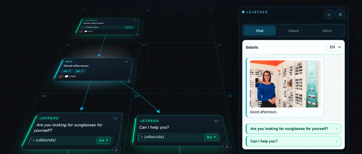 Decision-tree editor on szimulaciok.hu, with the player showing an optical retail sales dialogue